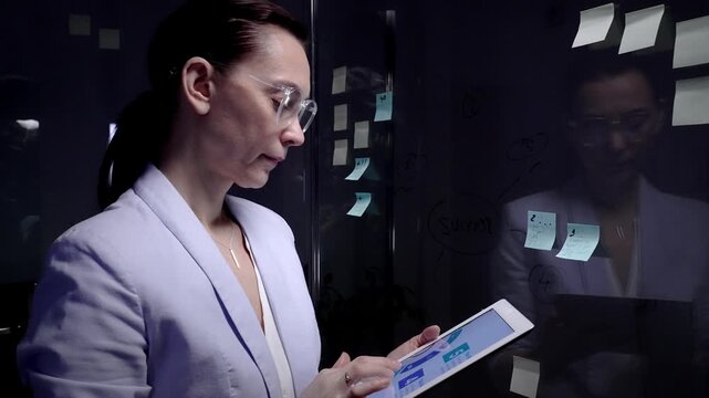 Experienced businesswoman analyzing data on a digital tablet while brainstorming and structuring an innovative business plan on a glass board using sticky notes