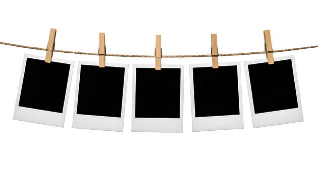 Five blank polaroid photos hanging from a string with wooden clothespins