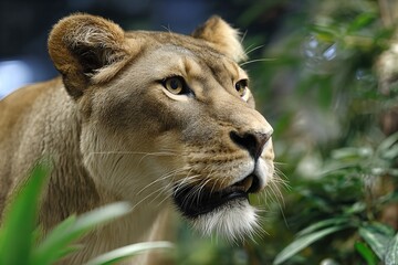 Obraz premium Close View of a Lioness in a Natural Habitat With Green Plants Around
