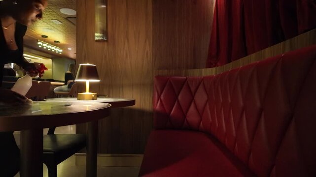 Waitress Cleans Tables in Exclusive Speakeasy Bar at Night
