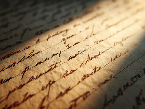 Old handwritten letter with script font illuminated by soft sunlight handwriting
