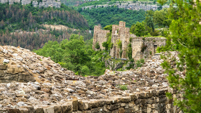 Ancient Stone Wall Ruins of the Tsarevets Fortress on a Cliff
