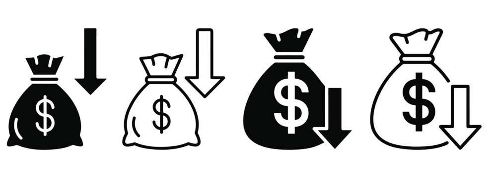 Four money bags with dollar signs and downward arrows indicating financial decrease