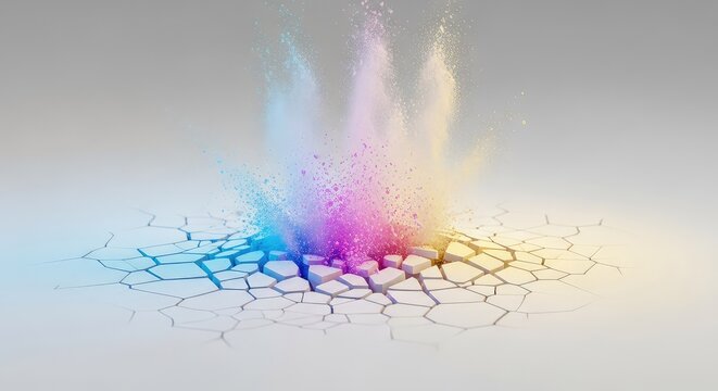 Conceptual image showing a smooth white surface or empty field beginning to fragment, shatter, and disperse into microscopic particles, symbolizing transition, motion, concept, dissolve