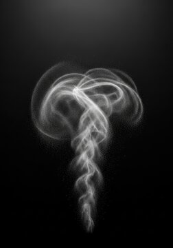 Delicate swirls of fine white mist dissipating quickly into a vast, empty monochrome background, representing fleeting moments and impermanence, motion, absence, oblivion