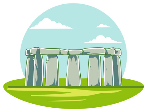 Vector illustration of the Stonehenge prehistoric monument on a green field