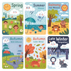Naklejka premium Six Seasons Educational Cartoon Set for Kids – Cute Weather and Nature Learning Illustrations