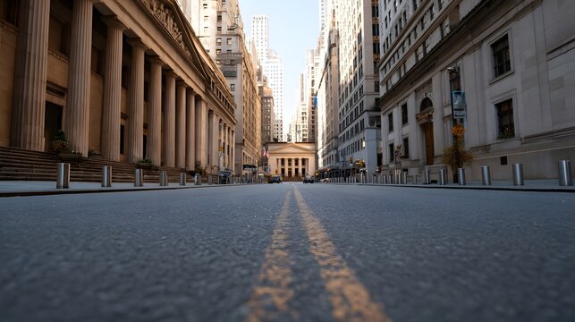 Empty urban street with classical architecture from a low angle perspective
