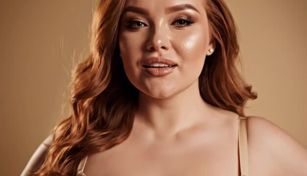 Attractive redhead plus size woman posing in lace beige lingerie. Beautiful curvy model showing confidence and body positivity concept on beige background