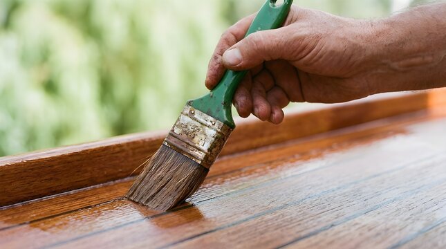 A close-up of a hand applying protective varnish to a wooden boat deck outdoors, highlighting the process of wood treatment and maintenance.