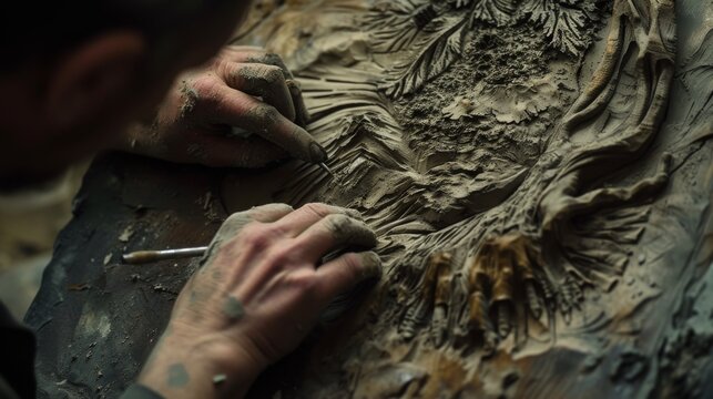 Artist sculpting detailed wood relief with precision