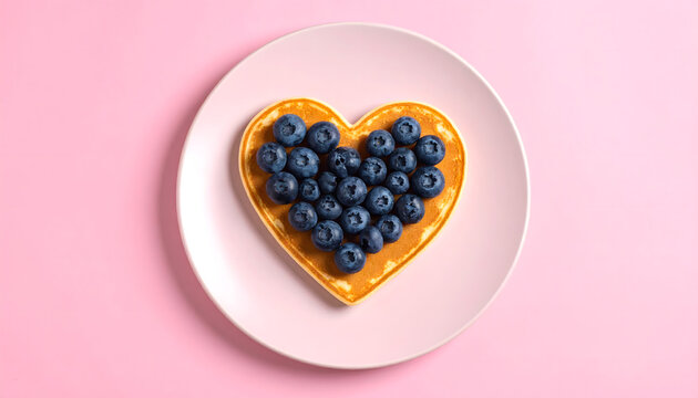 Top view of a heart-shaped pancake topped with fresh blueberries on a light pink plate and matching background. Minimalist food photography with soft pastel tones, clean composition, and romantic pic