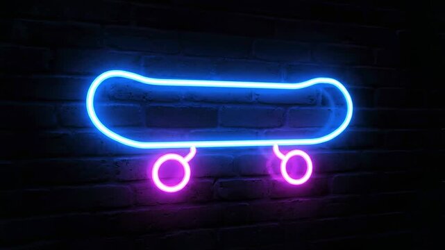Neon skateboard sign with blue and pink illumination on a brick wall