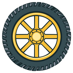 Fototapeta premium Stylized Cartoon Car Wheel with Yellow Rim and Textured Tire Tread