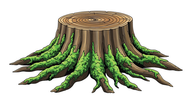Cartoon illustration of a tree stump with visible roots and moss