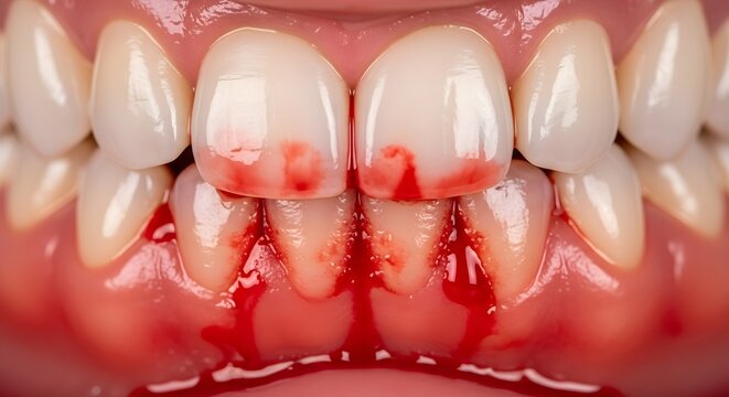 Severe gingivitis with bleeding gums in closeup dental image