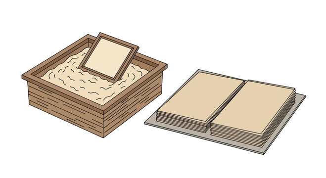 Brown cardboard box filled with blank paper sheets and a stack of paper next to it on white background