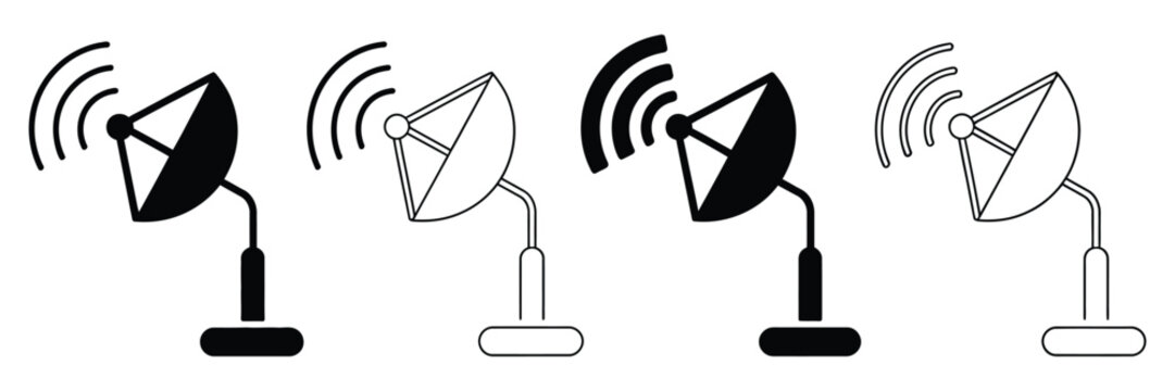 Satellite dishes in various colors and line styles communicating, satellite dish icon flat and simple set, modern communication antenna icons representing signal, connectivity, and data transmission