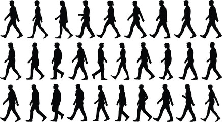 Fototapeta premium A grid of black silhouettes showing people walking in three rows.
