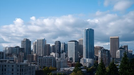 Obraz premium Panoramic view of a dense city skyline filled with tall modern skyscrapers set against a blue sky with dynamic clouds