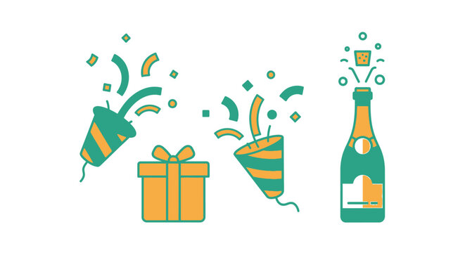 Celebration illustration featuring gift box party crackers and champagne bottle
