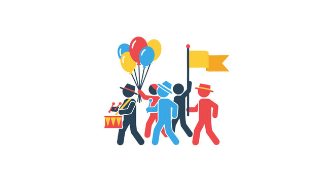 Colorful parade illustration with balloons and flag on white background