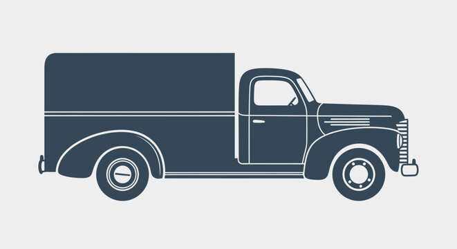 Classic vintage pickup truck in dark blue silhouette, old vehicle on a light gray background.