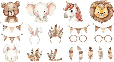 Obraz premium Cute Animal Heads and Accessories Set with Bear, Elephant, Lion, Unicorn, and Bunny for Kids' Room, Nursery, and Baby Shower Designs