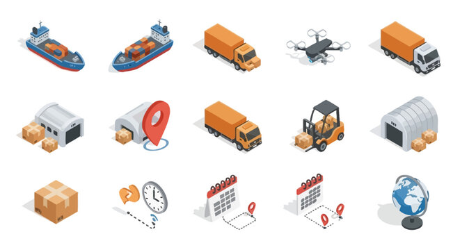 Isometric logistics icons depicting transport warehousing and global delivery