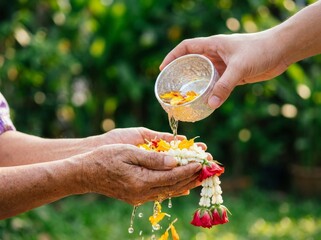 Obraz premium Songkran water blessing a cultural celebration of respect for elders