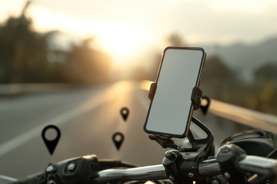 Smartphone on motorcycle handlebar at sunset