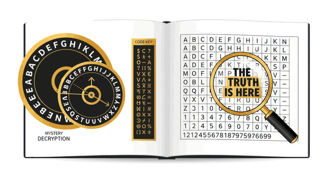 Open book with cryptic symbols and magnifying glass revealing hidden message