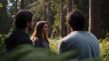 Fototapeta premium A group of colleagues engage in a conversation while standing in a serene sun d d forest clearing amidst lush greenery