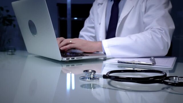 Medical professional wearing a white lab coat and stethoscope. Simultaneously typing patient data on a laptop keyboard and writing notes on a clipboard