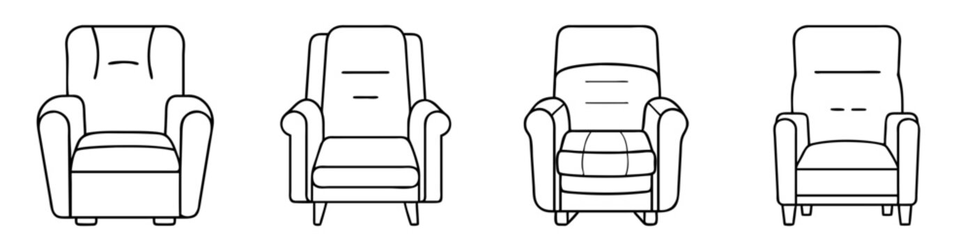 Line art illustration depicting a collection of diverse armchair designs in black