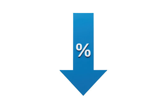 Blue arrow with percentage sign pointing down, indicating a decrease, discount, price drop, sales, interest rate reduction on transparent background