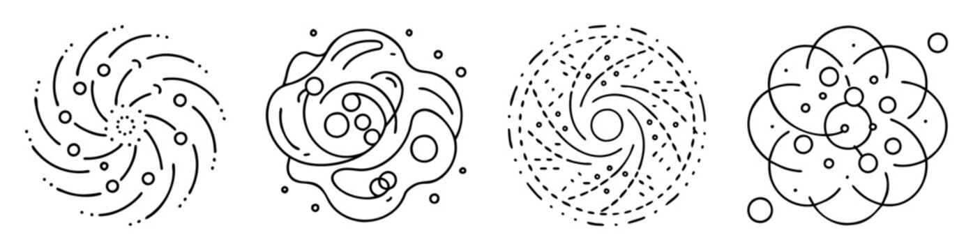 Four stylized abstract circular line art designs featuring spirals and circles