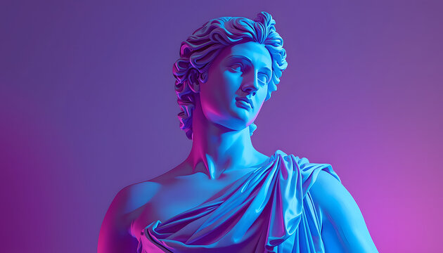 A classical Greek statue bathed in vibrant neon blue and purple vaporwave lighting.
