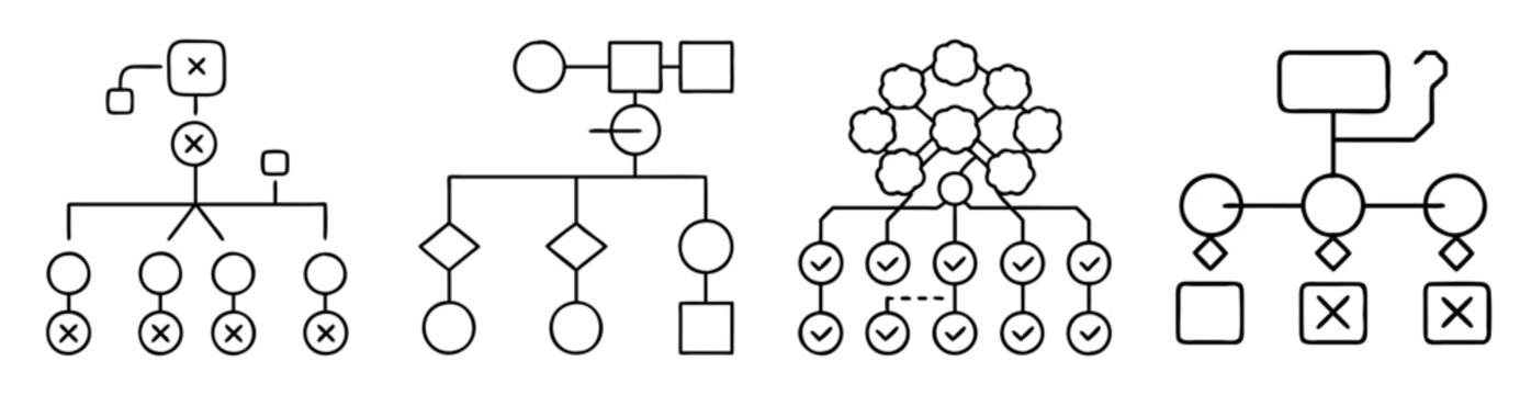 Four different types of family pedigree charts showing varied genetic inheritance