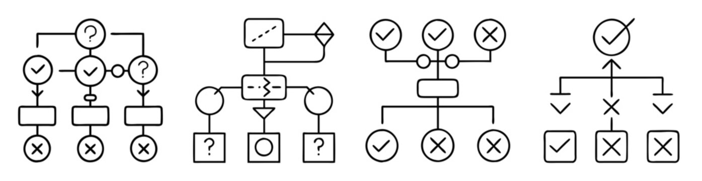 four abstract diagrams representing decision making flow with check and cross marks