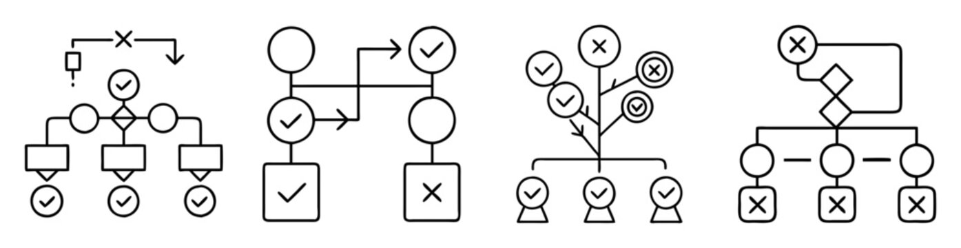 Four distinct pedigree chart examples showcasing inheritance patterns with checkmarks and crosses