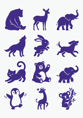 Obraz premium Large animal silhouette vector bundle featuring cute, cartoon, wildlife, pet and farm animals in modern flat style. Clean isolated icons on white background, perfect for logos, stickers, branding, UI 