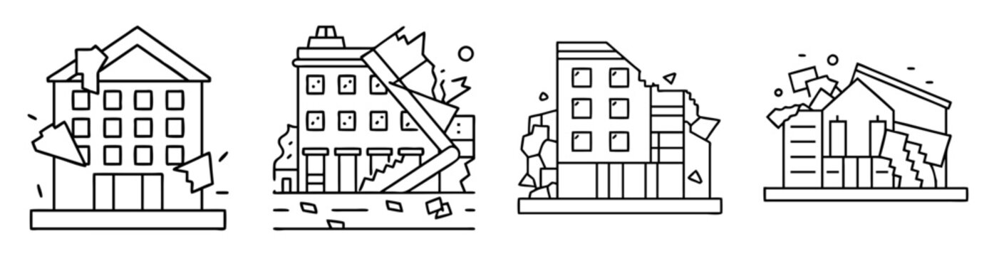 Line art illustration depicting destroyed buildings from an earthquake disaster