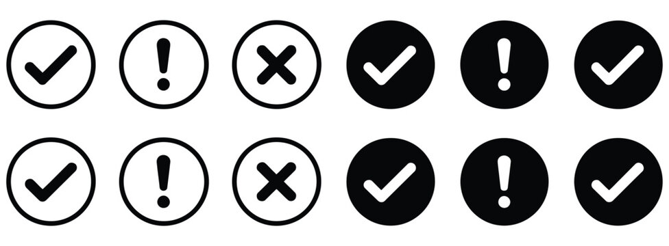 Check cross and exclamation icon set, validation approval and error warning symbols, success failure and alert status indicators, correct wrong and attention sign