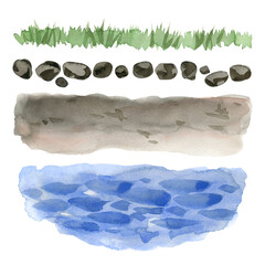 Naklejka premium Hand drawn watercolor collection of landscape borders featuring green grass, small stones, brown soil, and blue water. These natural textures and horizontal elements are ideal for creating outdoor