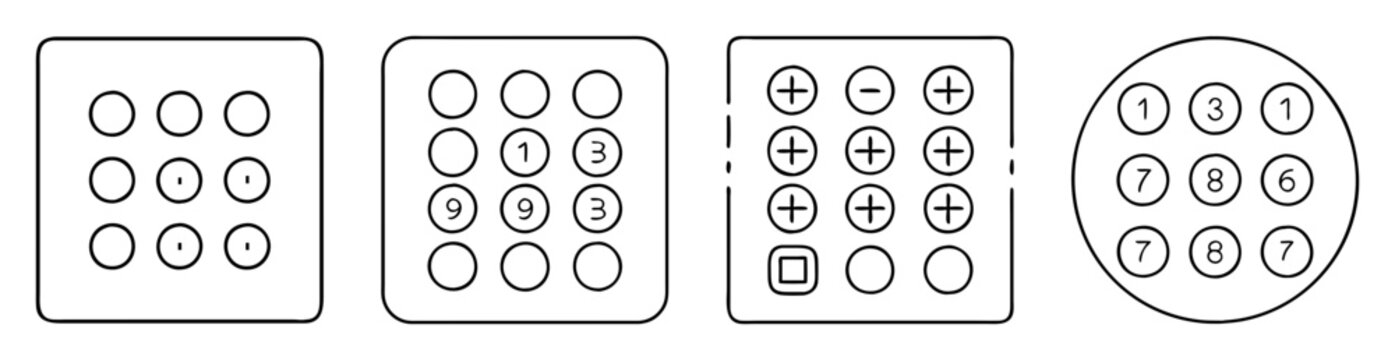 Four different sets of nine circular shapes with various symbols and numbers