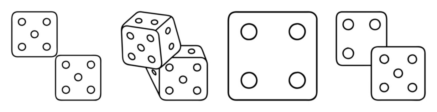 Outline illustration of several dice showing different numbers on different sides
