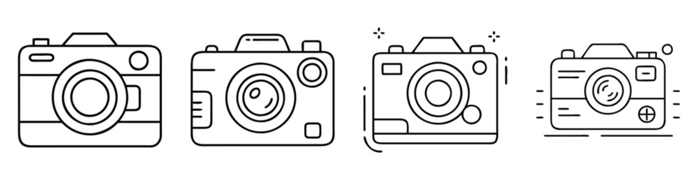 Four vintage cameras in a line, in a minimalistic black outline style