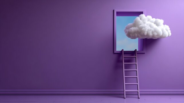 Wooden ladder leaning against a purple wall with a window and a single cloud floating inside