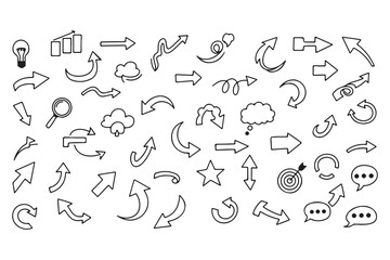 Fototapeta premium Collection of hand drawn black and white icons and arrows